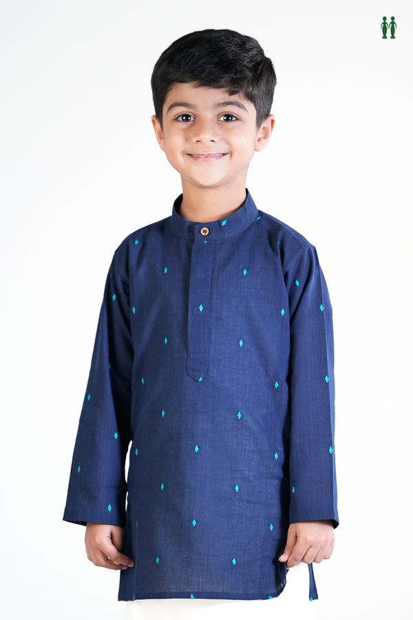Chinese Collar Threadwork Buttas Navy Blue Cotton Long Kurta