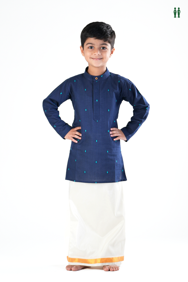 Chinese Collar Threadwork Buttas Navy Blue Cotton Long Kurta