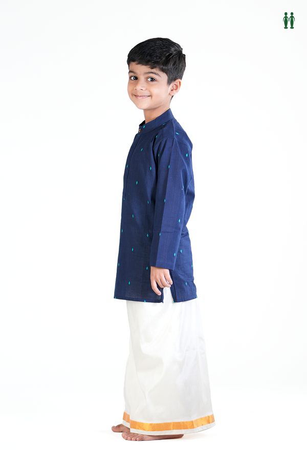 Chinese Collar Threadwork Buttas Navy Blue Cotton Long Kurta