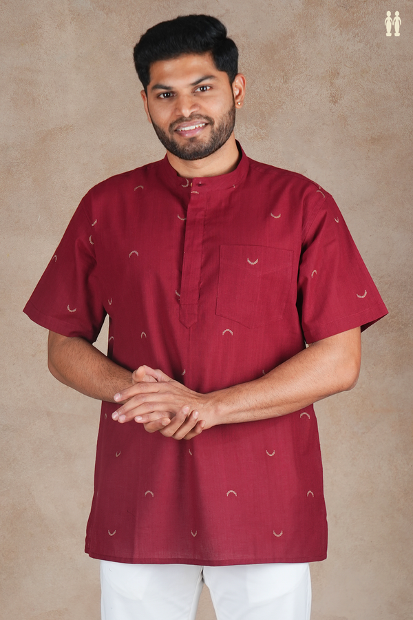 Chinese Collar Threadwork Buttas Red Cotton Short Kurta