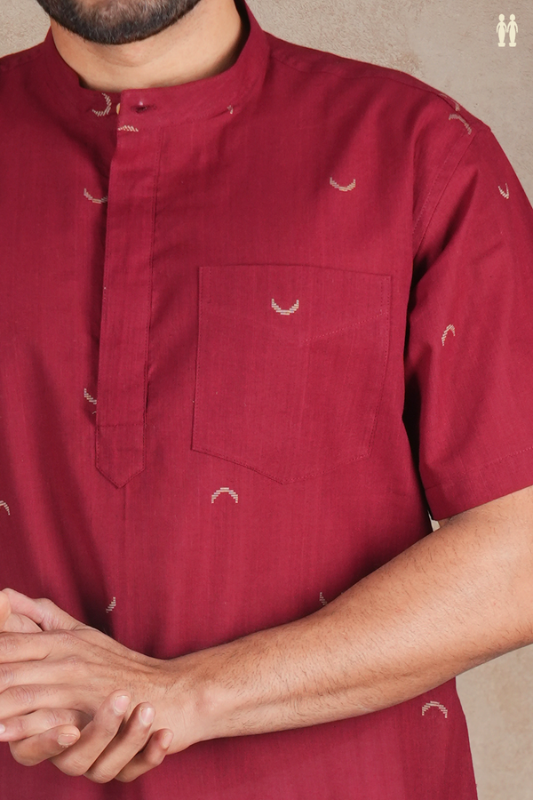 Chinese Collar Threadwork Buttas Red Cotton Short Kurta