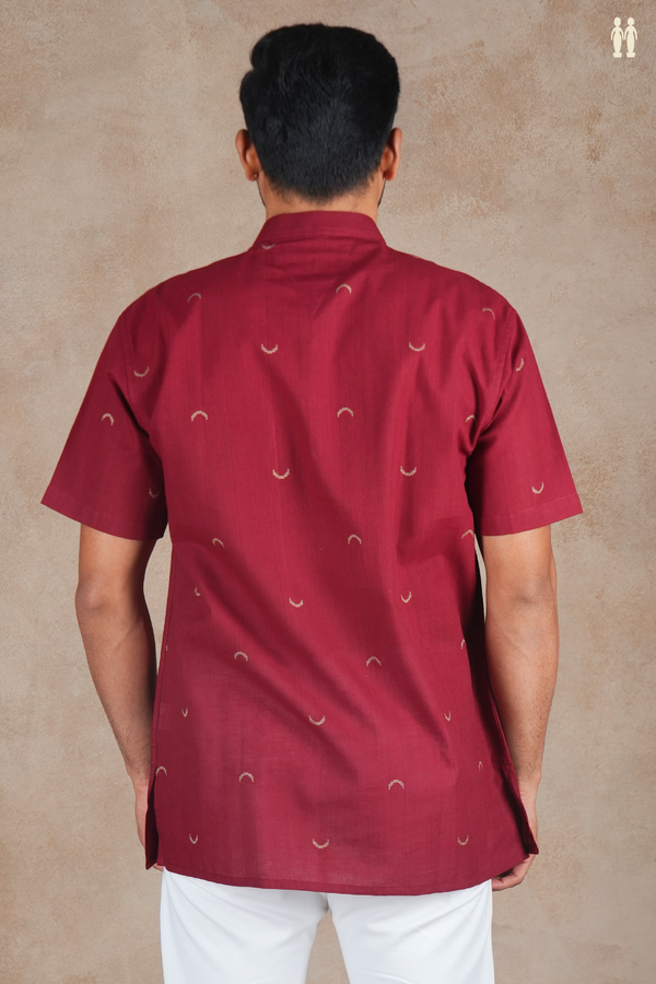 Chinese Collar Threadwork Buttas Red Cotton Short Kurta