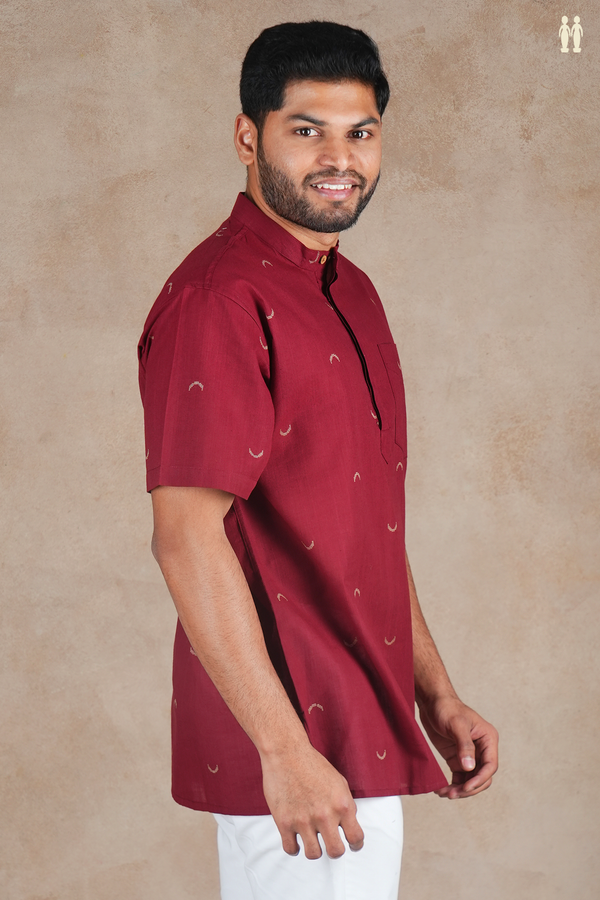 Chinese Collar Threadwork Buttas Red Cotton Short Kurta