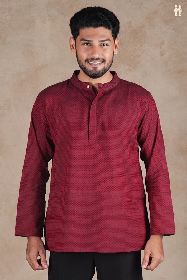 Chinese Collar Threadwork Buttas Ruby Red Cotton Short Kurta