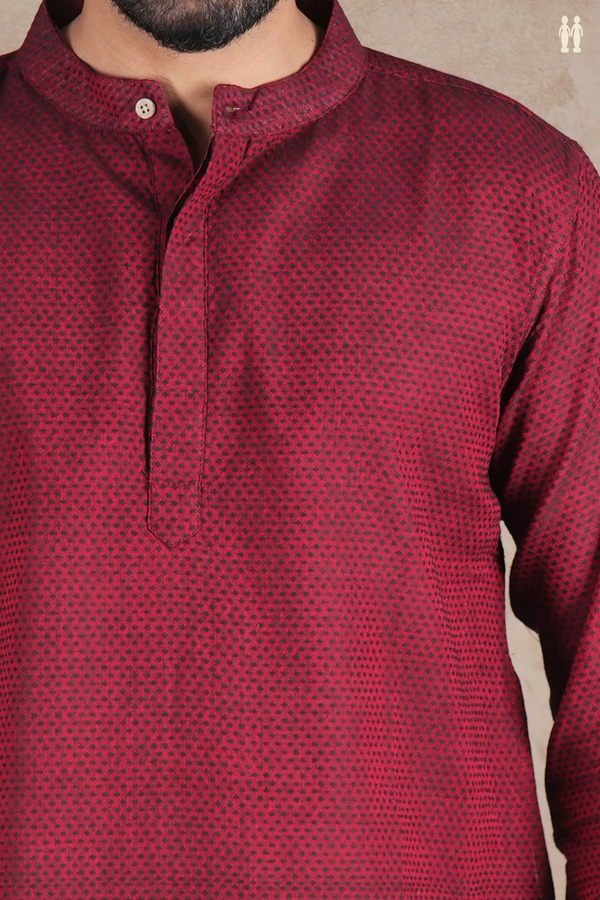 Chinese Collar Threadwork Buttas Ruby Red Cotton Short Kurta