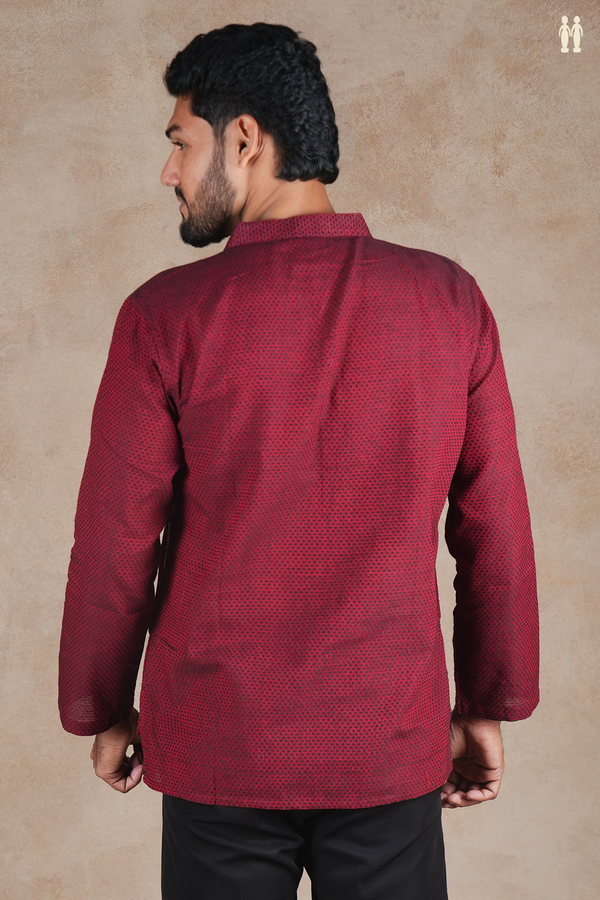 Chinese Collar Threadwork Buttas Ruby Red Cotton Short Kurta