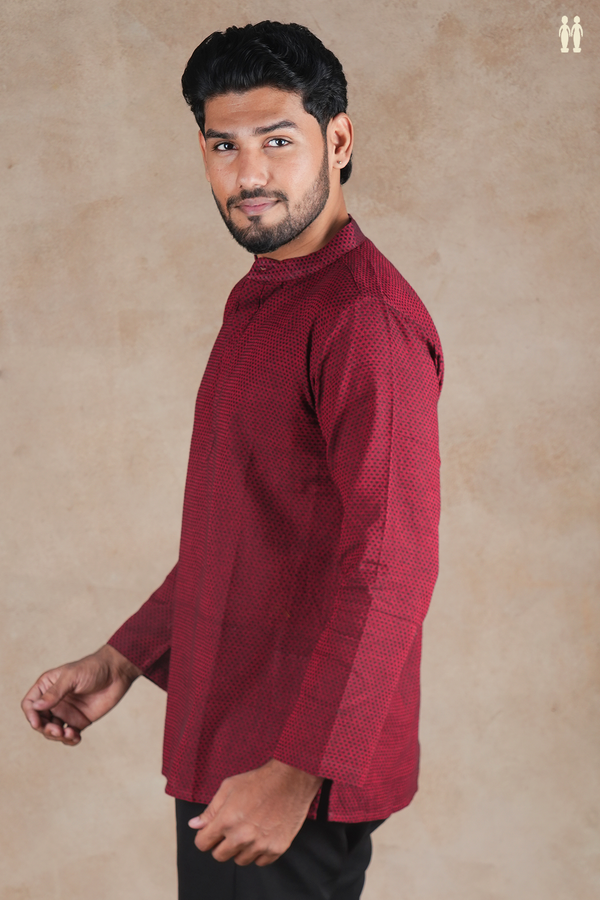 Chinese Collar Threadwork Buttas Ruby Red Cotton Short Kurta