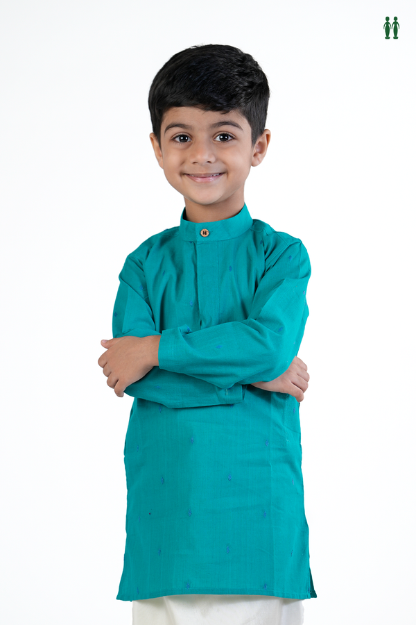 Chinese Collar Threadwork Buttas Sea Green Cotton Long Kurta