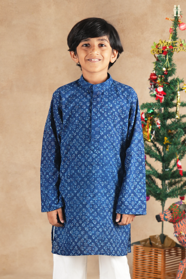 Chinese Collar Printed Design Blue Cotton Long Kurta