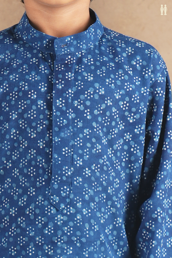 Chinese Collar Printed Design Blue Cotton Long Kurta