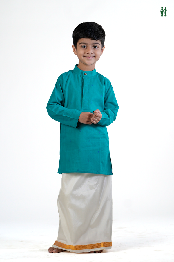 Chinese Collar Threadwork Buttas Sea Green Cotton Long Kurta