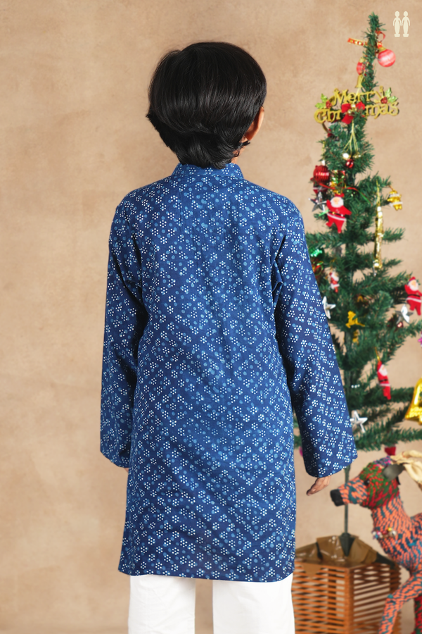 Chinese Collar Printed Design Blue Cotton Long Kurta