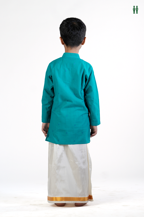 Chinese Collar Threadwork Buttas Sea Green Cotton Long Kurta