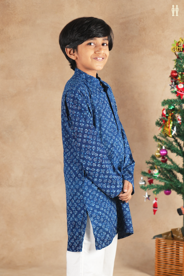 Chinese Collar Printed Design Blue Cotton Long Kurta