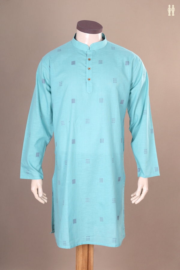 Chinese Collar Threadwork Buttas Sky Blue Cotton Long Kurta