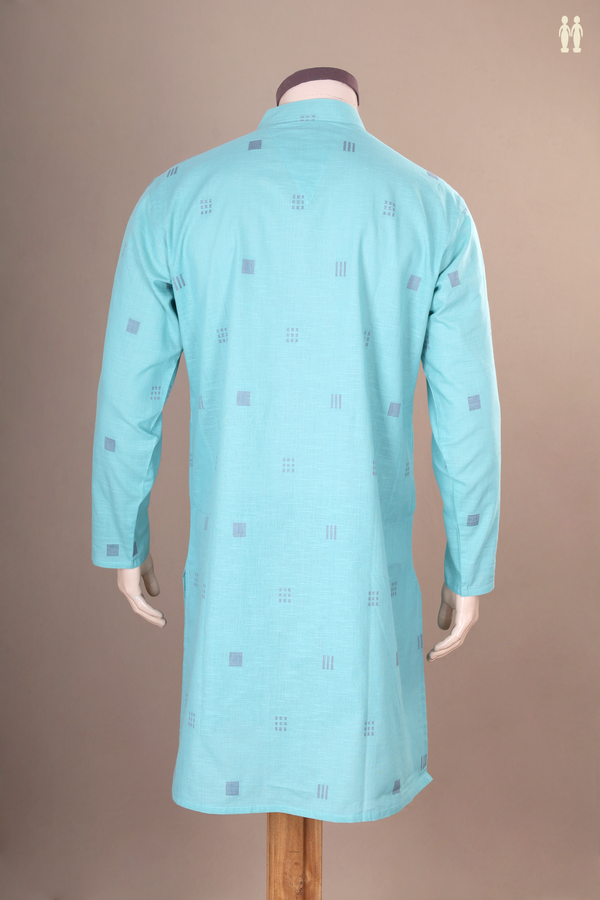 Chinese Collar Threadwork Buttas Sky Blue Cotton Long Kurta