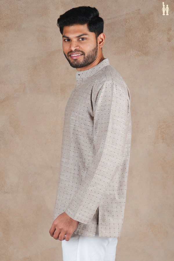 Chinese Collar Threadwork Buttas Steel Grey Cotton Short Kurta