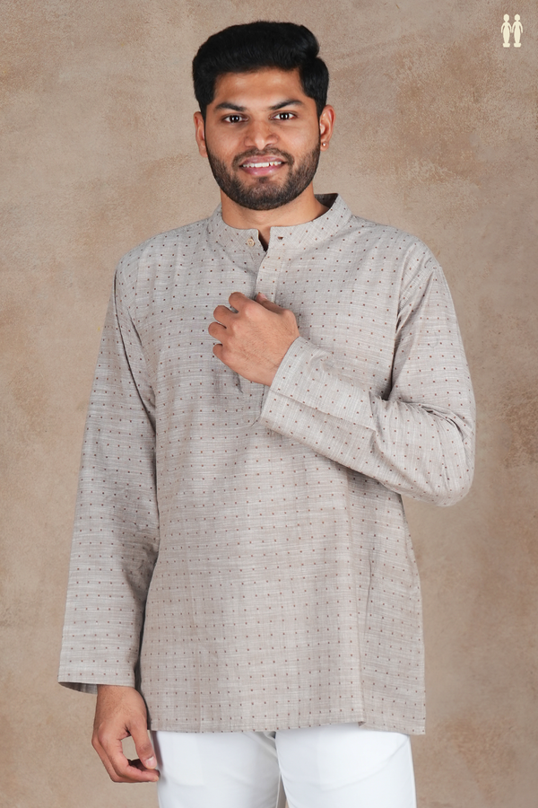 Chinese Collar Threadwork Buttas Steel Grey Cotton Short Kurta