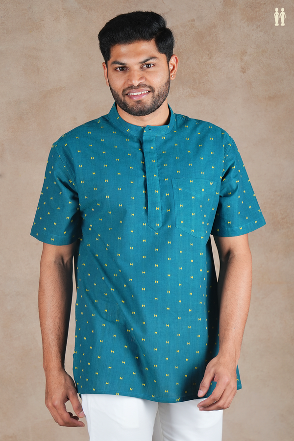 Chinese Collar Threadwork Buttas Teal Blue Cotton Short Kurta