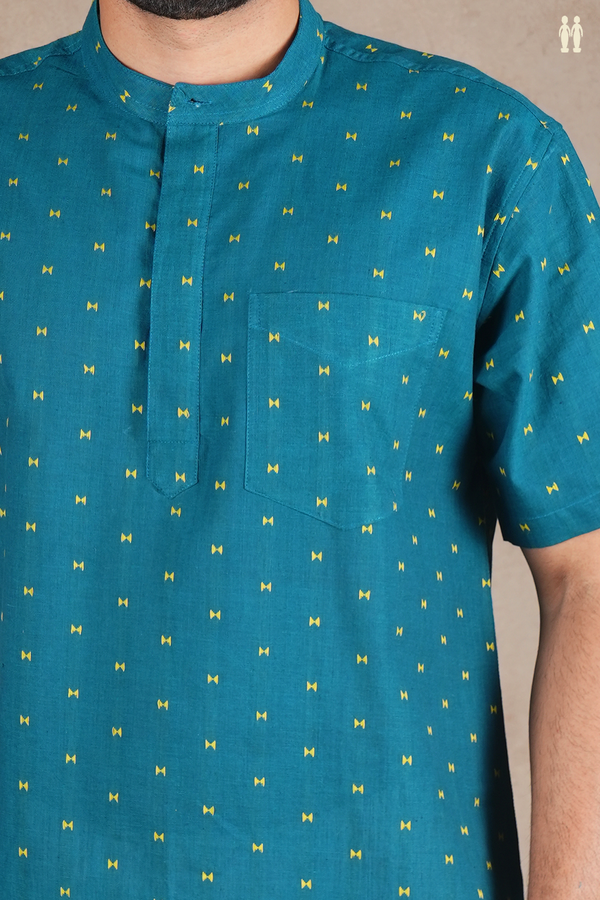 Chinese Collar Threadwork Buttas Teal Blue Cotton Short Kurta