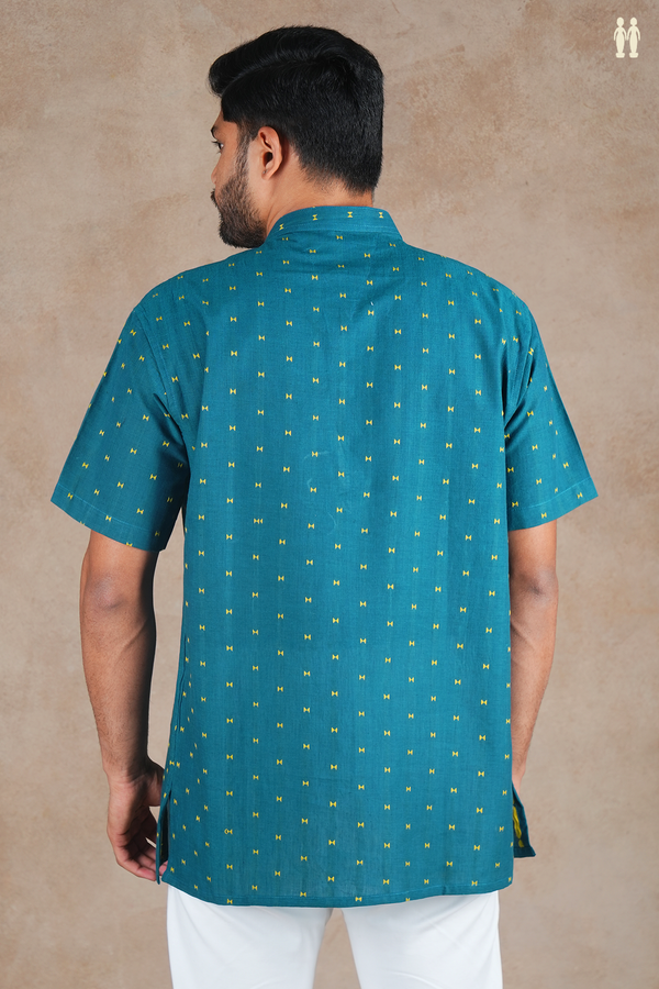 Chinese Collar Threadwork Buttas Teal Blue Cotton Short Kurta
