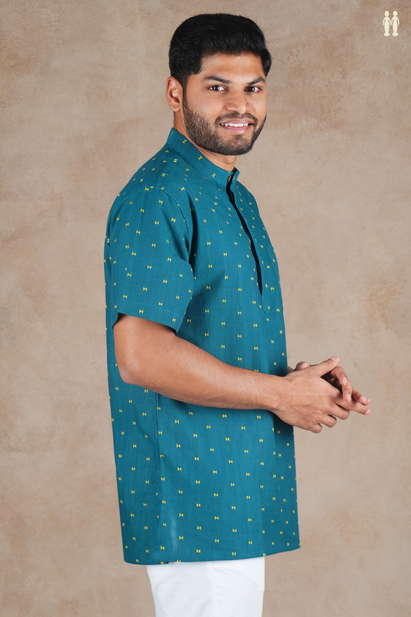 Chinese Collar Threadwork Buttas Teal Blue Cotton Short Kurta