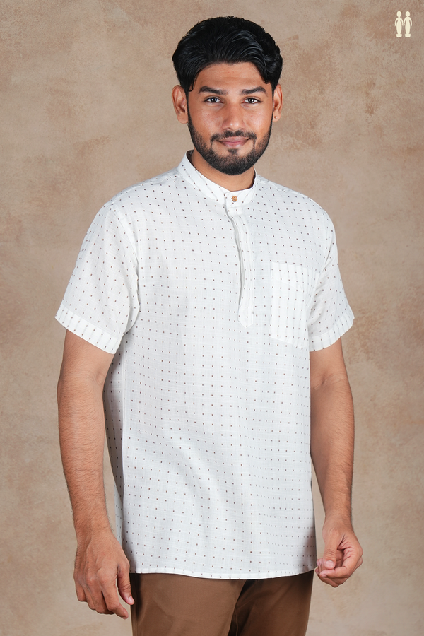 Chinese Collar Threadwork Buttas White Cotton Short Kurta