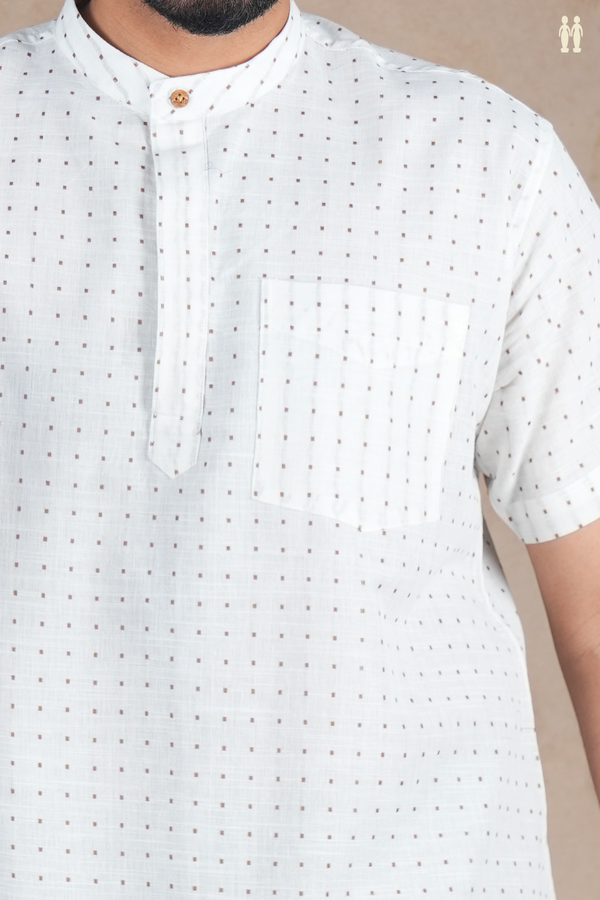 Chinese Collar Threadwork Buttas White Cotton Short Kurta