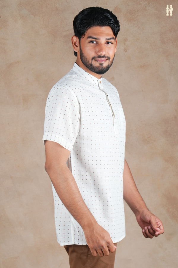 Chinese Collar Threadwork Buttas White Cotton Short Kurta