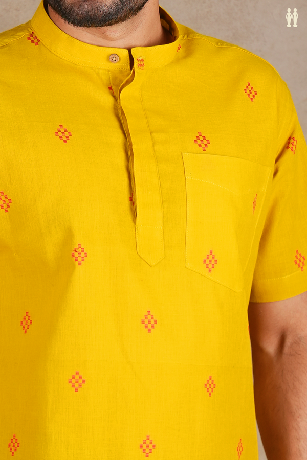 Chinese Collar Threadwork Buttas Yellow Cotton Short Kurta