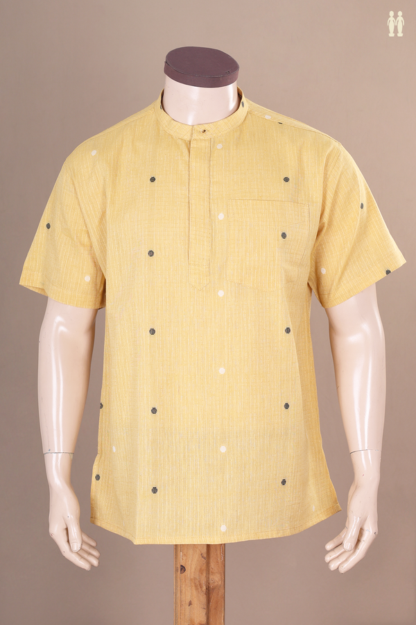 Chinese Collar Threadwork Buttas Yellow Cotton Short Kurta