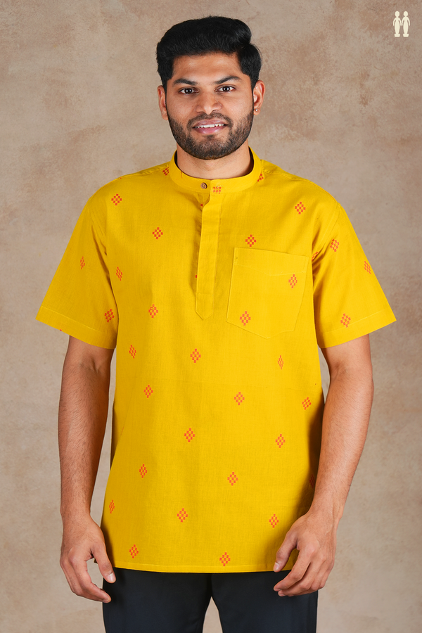 Chinese Collar Threadwork Buttas Yellow Cotton Short Kurta