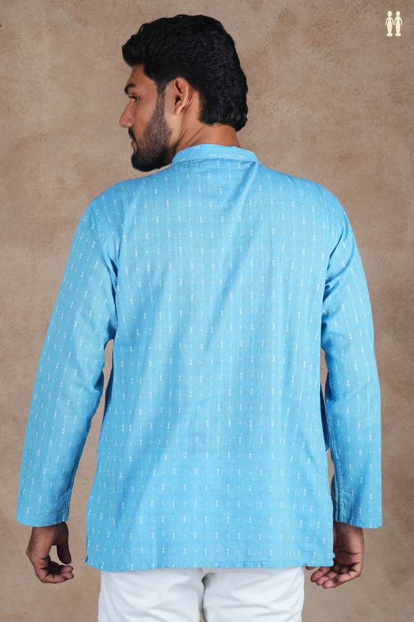 Chinese Collar Threadwork Buttis Blue Cotton Short Kurta