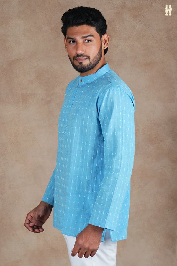 Chinese Collar Threadwork Buttis Blue Cotton Short Kurta