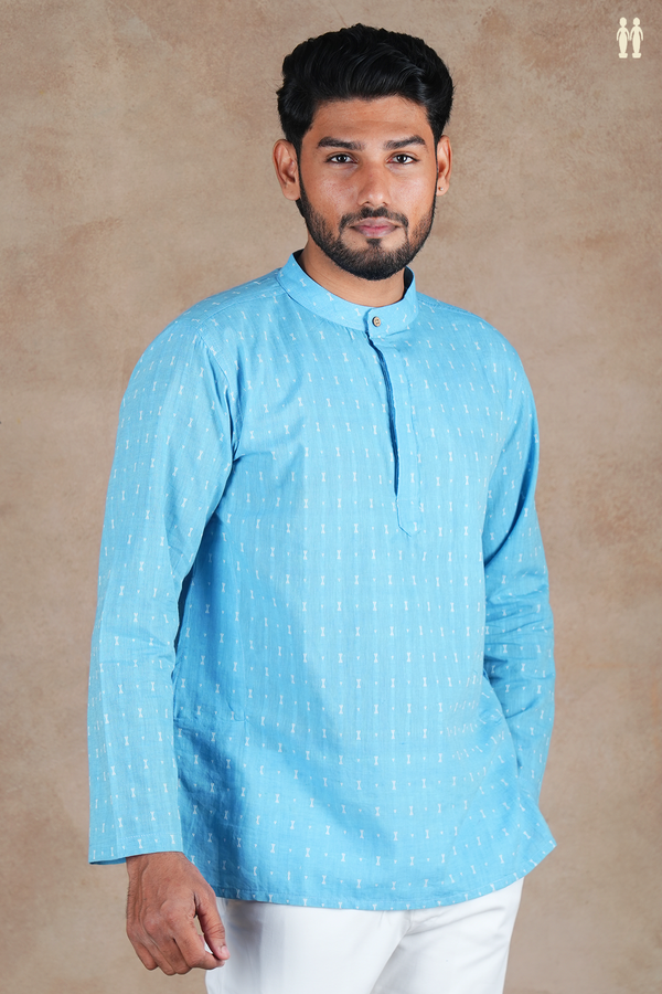 Chinese Collar Threadwork Buttis Blue Cotton Short Kurta