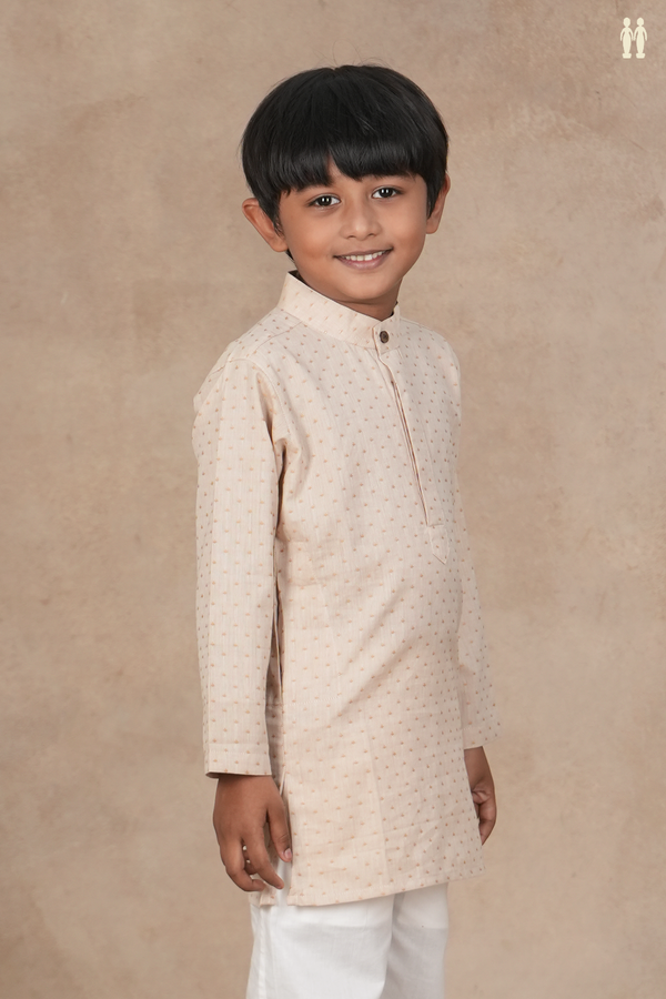 Chinese Collar Threadwork Buttis Cream Color Cotton Long Kurta