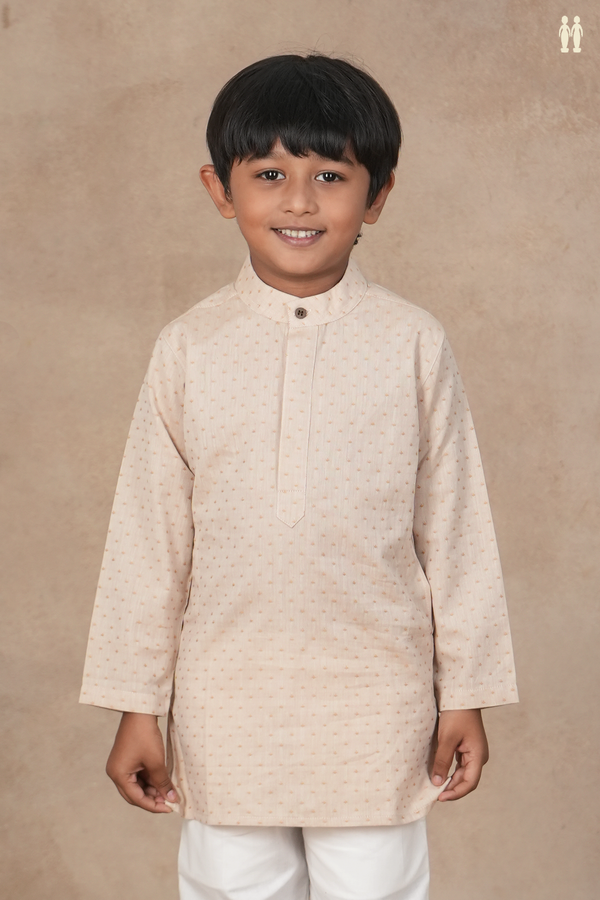 Chinese Collar Threadwork Buttis Cream Color Cotton Long Kurta