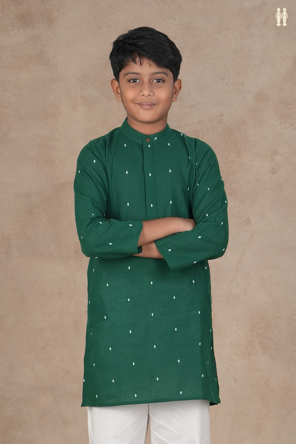 Chinese Collar Threadwork Buttis Green Cotton Long Kurta