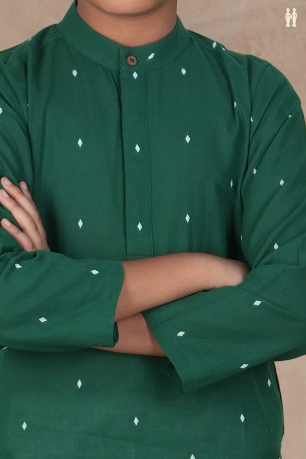 Chinese Collar Threadwork Buttis Green Cotton Long Kurta