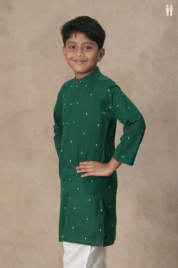 Chinese Collar Threadwork Buttis Green Cotton Long Kurta