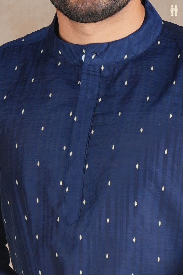 Chinese Collar Threadwork Buttis Navy Blue Raw Silk Short Kurta