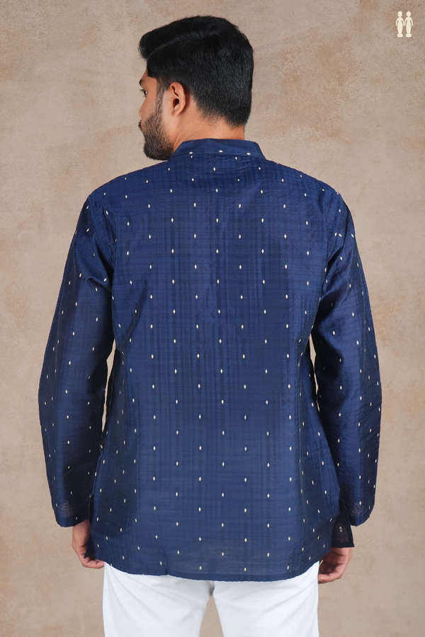 Chinese Collar Threadwork Buttis Navy Blue Raw Silk Short Kurta