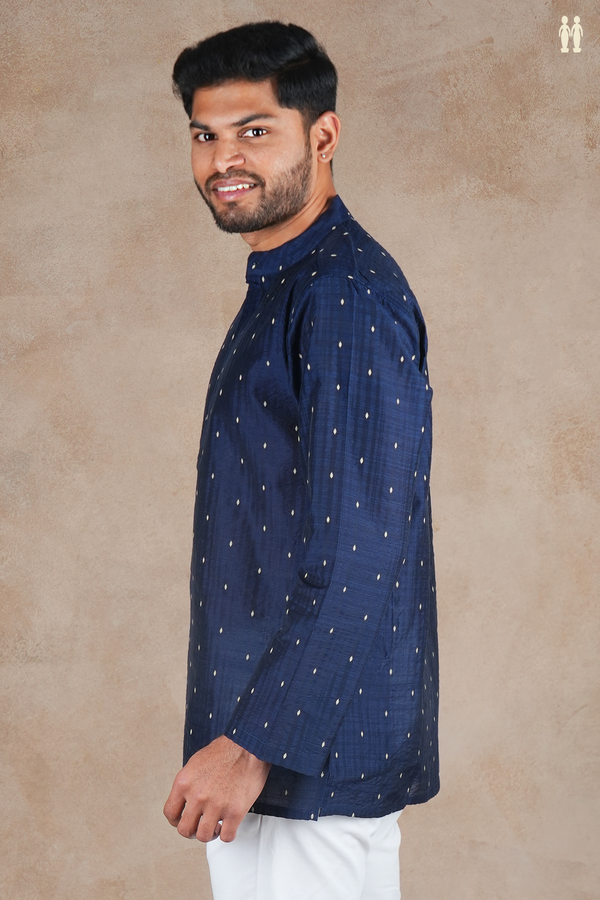 Chinese Collar Threadwork Buttis Navy Blue Raw Silk Short Kurta