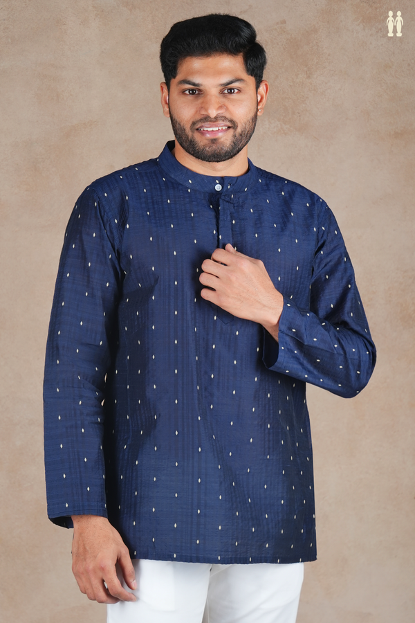 Chinese Collar Threadwork Buttis Navy Blue Raw Silk Short Kurta