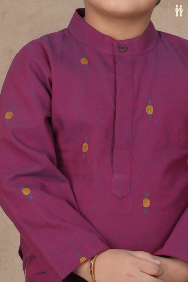 Chinese Collar Threadwork Buttis Purple Cotton Long Kurta
