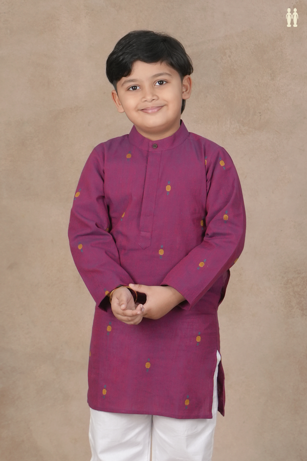 Chinese Collar Threadwork Buttis Purple Cotton Long Kurta