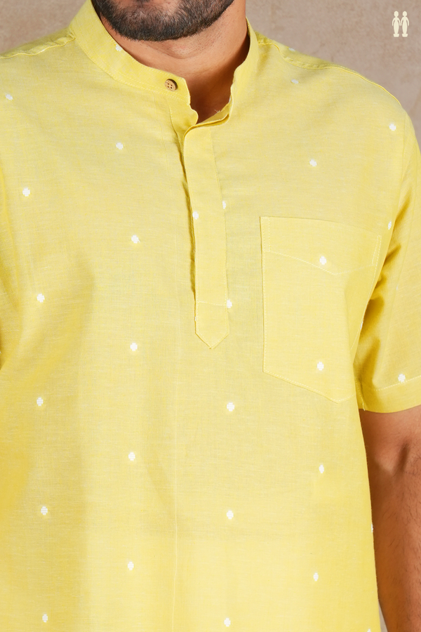 Chinese Collar Threadwork Buttis Yellow Cotton Short Kurta