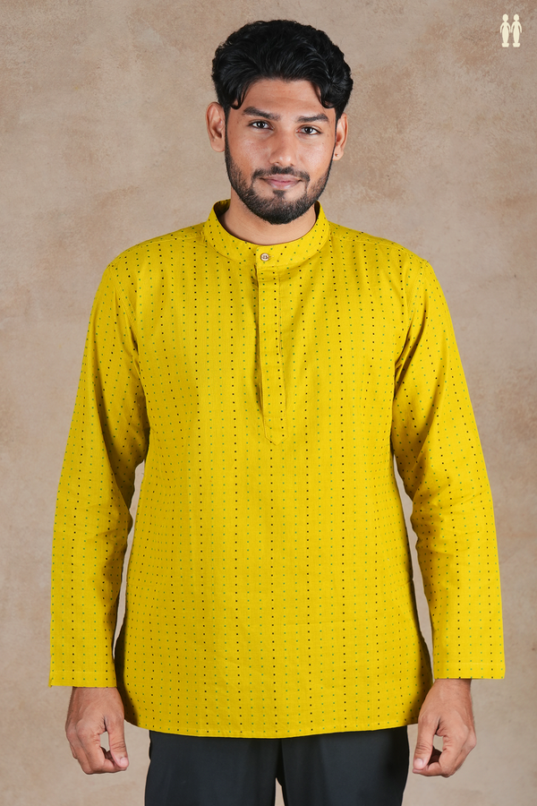 Chinese Collar Threadwork Buttis Yellow Cotton Short Kurta