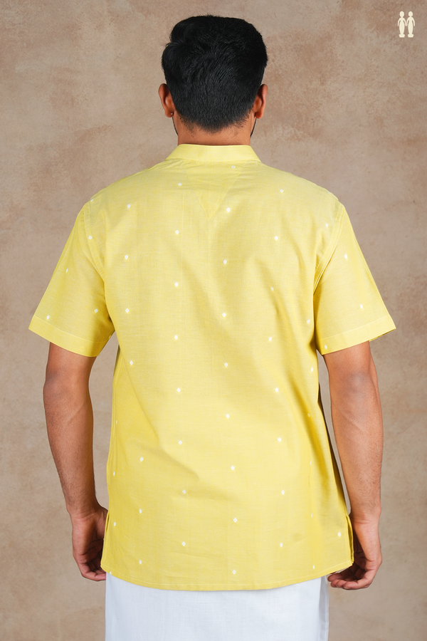 Chinese Collar Threadwork Buttis Yellow Cotton Short Kurta