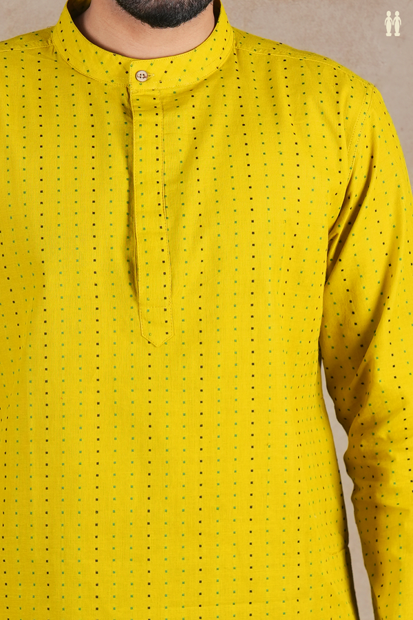 Chinese Collar Threadwork Buttis Yellow Cotton Short Kurta